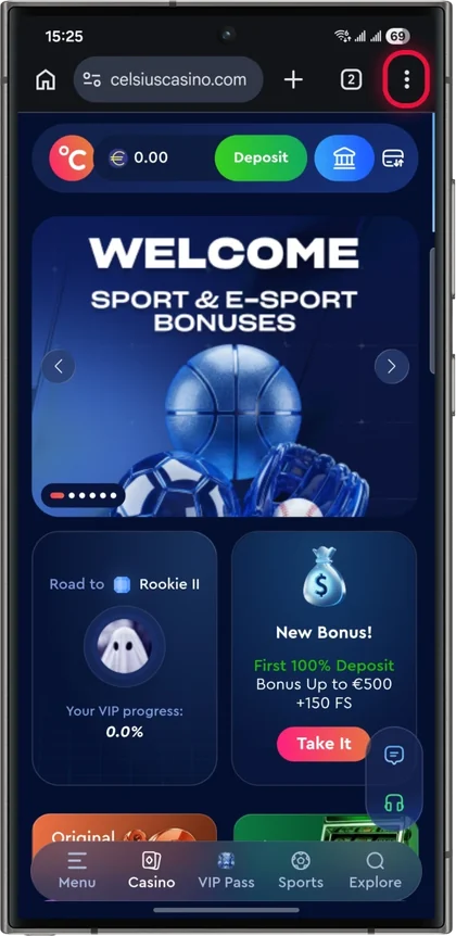 Celsius Casino app on Android, step 1
