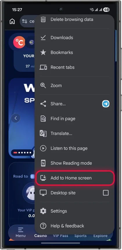 Celsius Casino app on Android, step 2