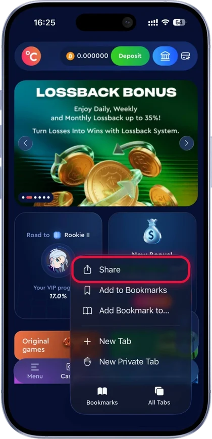 Celsius Casino app on iPhone, step 1