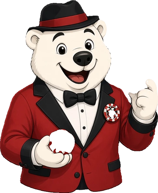 Toonie the polar bear in a red jacket