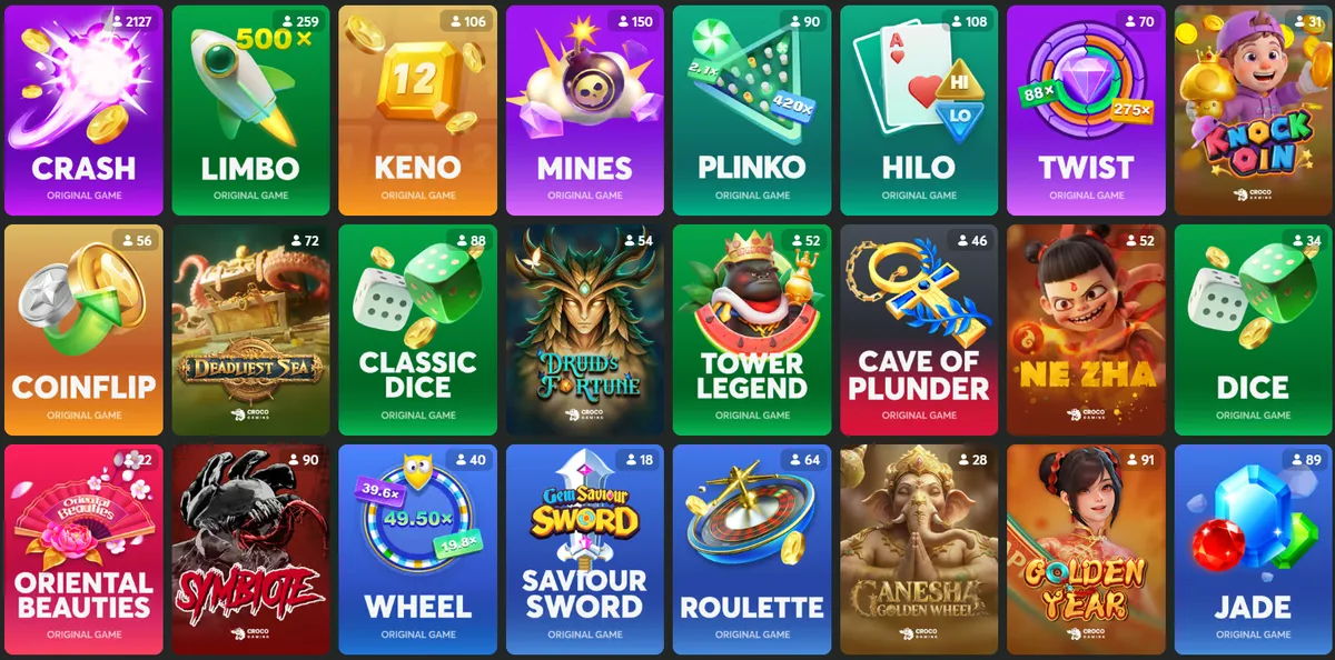 Grid of BC Originals in-house games (Crash, Limbo, Keno, Mines, Plinko, Hilo, Twist, Dice, Wheel, Roulette and more) with live player counts