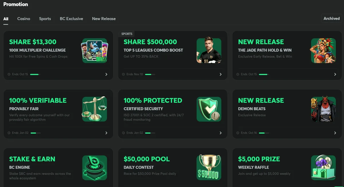 Promotions page: $13,300 100X Multiplier Challenge, $500,000 Top 5 Leagues Combo Boost, $50,000 Daily Contest, $5,000 Weekly Raffle, provably fair and security cards