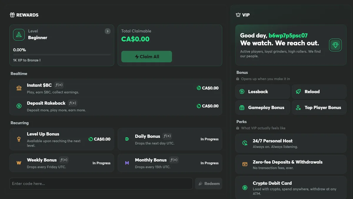 Rewards hub with level progress, Instant $BC, Deposit Rakeback, Level Up, Daily, Weekly and Monthly bonuses, plus VIP perks panel
