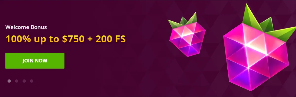 Malina Casino Welcome Bonus banner: 100% up to $750 + 200 FS