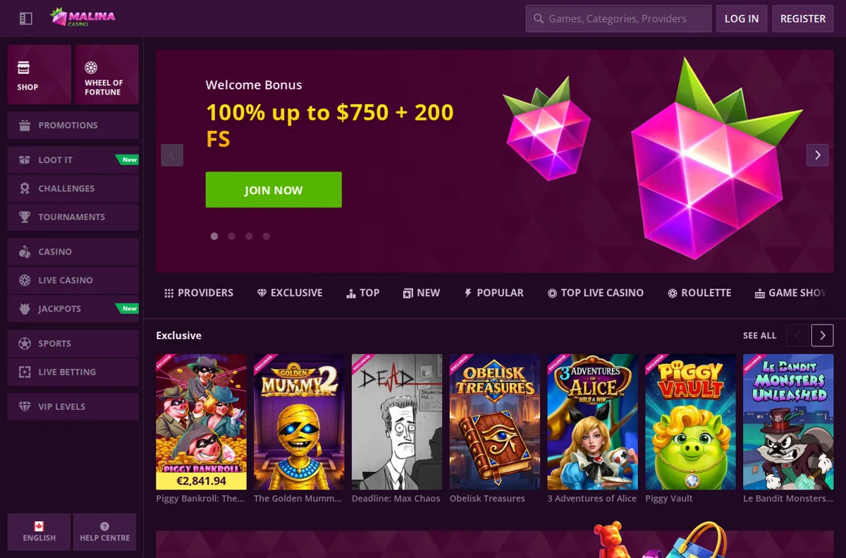 Malina Casino landing page for Canadian players, October 2026