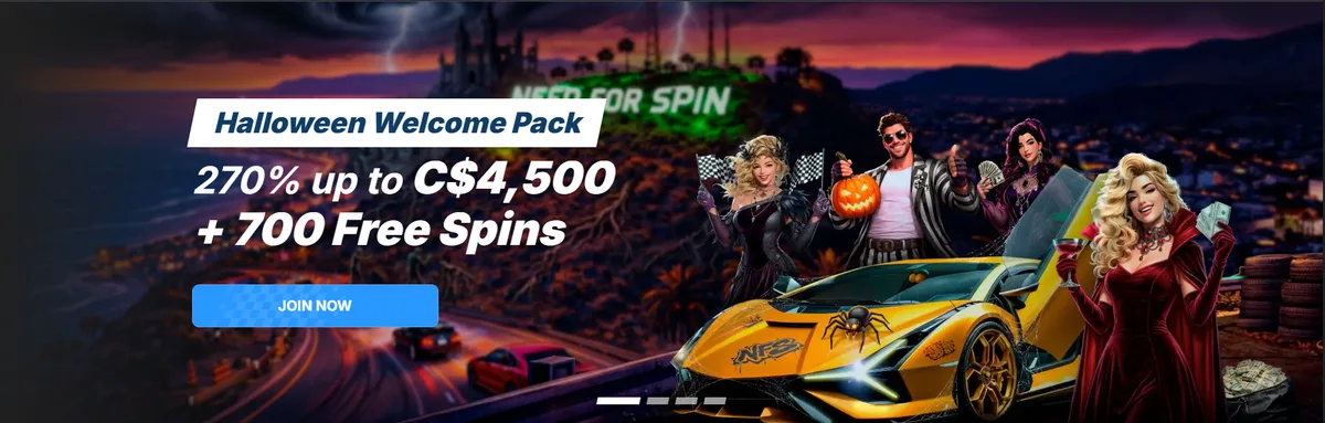 Need for Spin Halloween Welcome Pack banner: 270% up to C$4,500 + 700 free spins