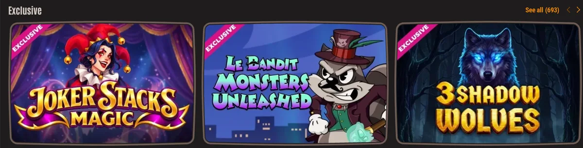 Neon54 Exclusive games row (693 exclusives): Joker Stacks Magic, Le Bandit Monsters Unleashed, 3 Shadow Wolves