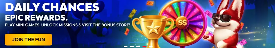 Red Dog 'Daily chances, epic rewards' banner promoting mini games, missions and the bonus store