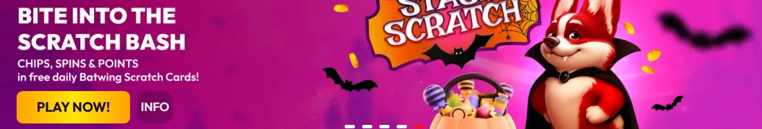 Red Dog Halloween 'Scratch Bash' banner: chips, spins and points in free daily Batwing scratch cards