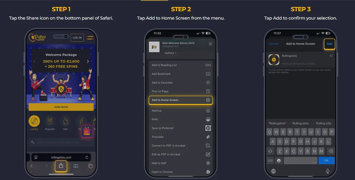 Rolling Slots app install guide: three steps to add the casino to the iPhone home screen