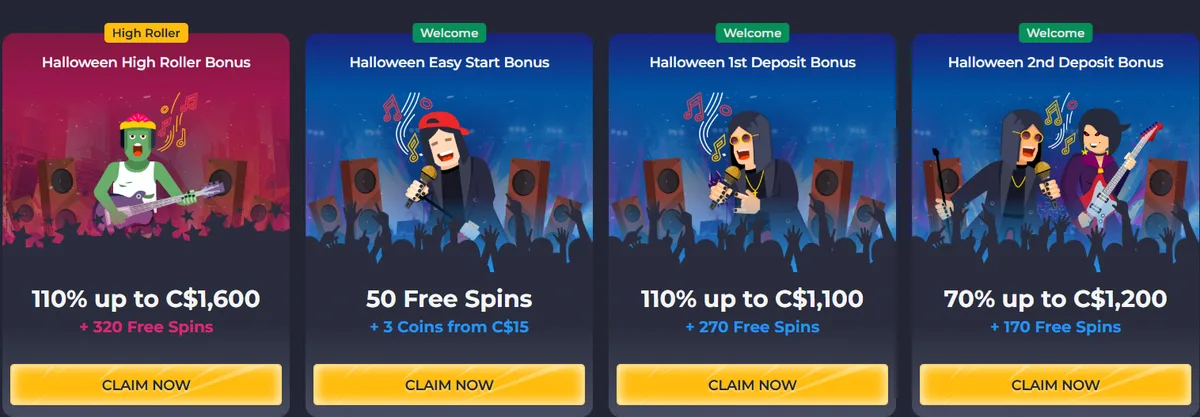 Rolling Slots Halloween bonus cards: High Roller 110% up to C$1,600 + 320 FS, Easy Start 50 FS + 3 coins from C$15, 1st deposit 110% up to C$1,100 + 270 FS, 2nd deposit 70% up to C$1,200 + 170 FS