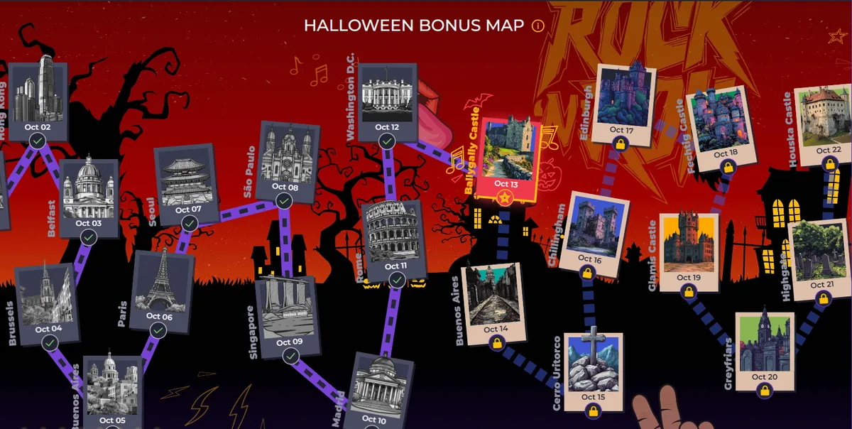 Rolling Slots Halloween Bonus Map: daily calendar of unlockable bonuses by city