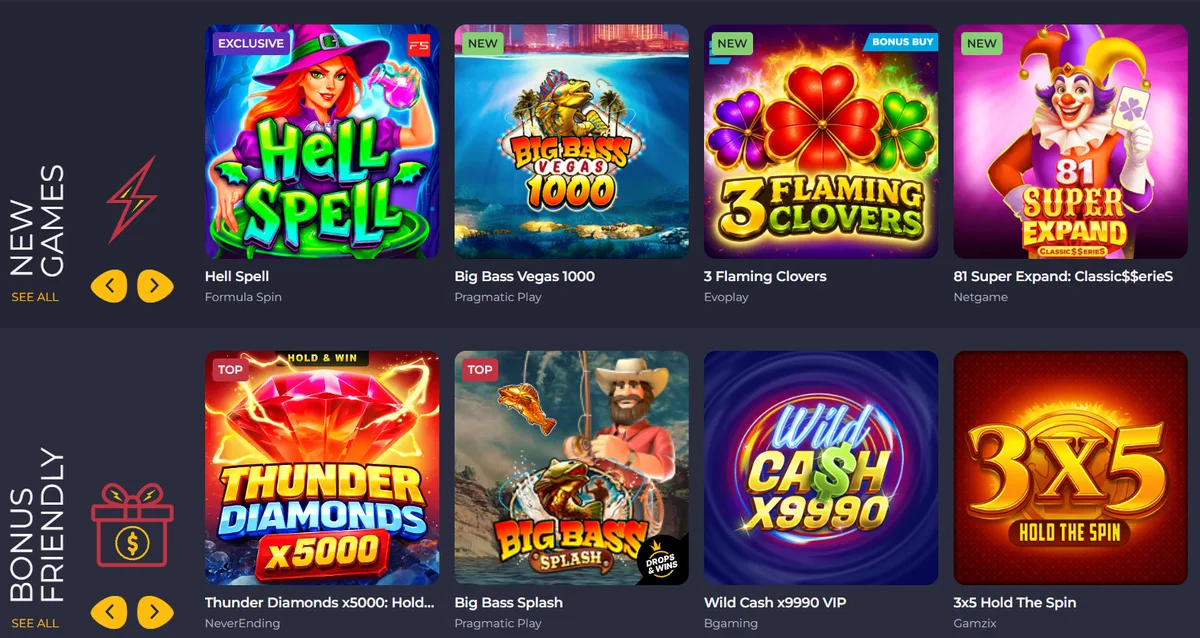 Rolling Slots New Games and Bonus Friendly rows (Hell Spell, Big Bass Vegas 1000, 3 Flaming Clovers, Thunder Diamonds x5000, Wild Cash x9990)