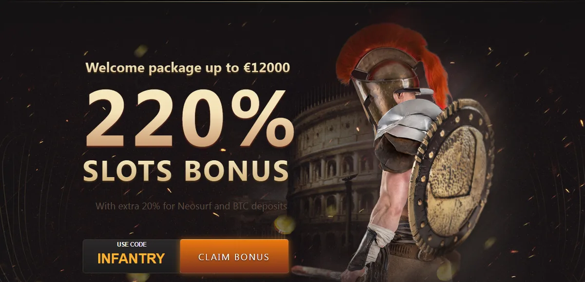 Slots Empire landing page: welcome package up to €12000, 220% slots bonus with code INFANTRY, extra 20% for Neosurf and BTC