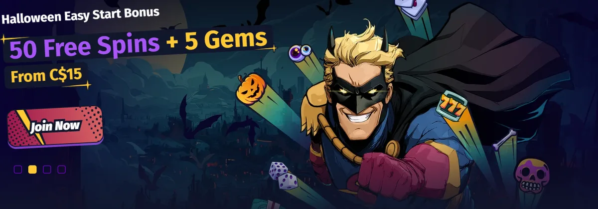 Spinlander Halloween Easy Start Bonus banner: 50 free spins + 5 gems from C$15