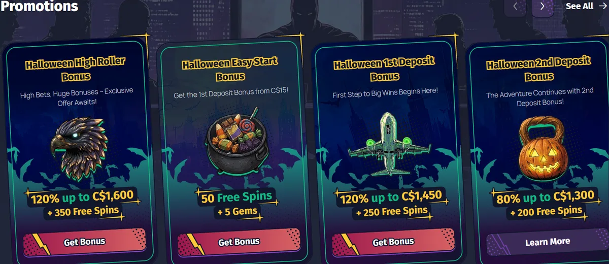 Spinlander promotions cards: High Roller 120% up to C$1,600 + 350 FS, Easy Start 50 FS + 5 gems, 1st deposit 120% up to C$1,450 + 250 FS, 2nd deposit 80% up to C$1,300 + 200 FS