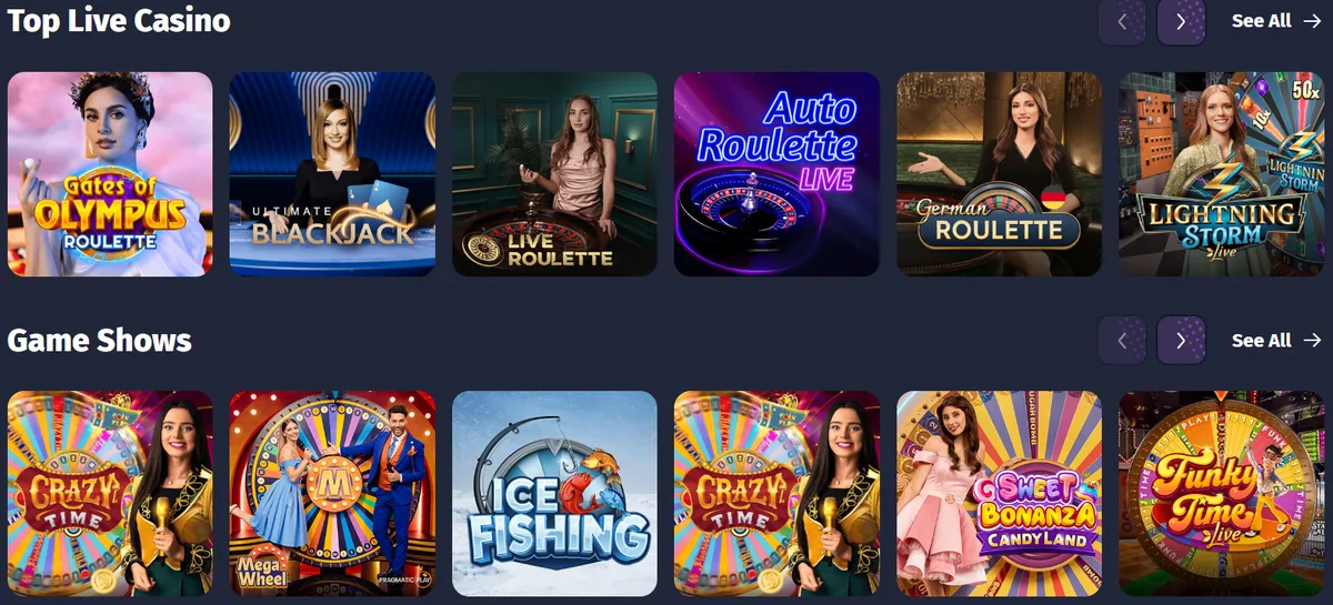 Spinlander Top Live Casino and Game Shows rows (Gates of Olympus Roulette, Ultimate Blackjack, Crazy Time, Mega Wheel, Funky Time)