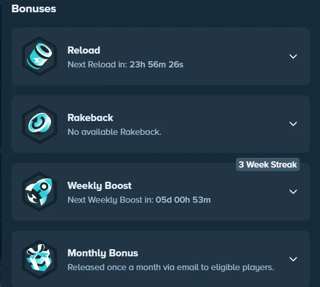 Stake bonuses panel: Reload, Rakeback, Weekly Boost (3 week streak) and Monthly Bonus