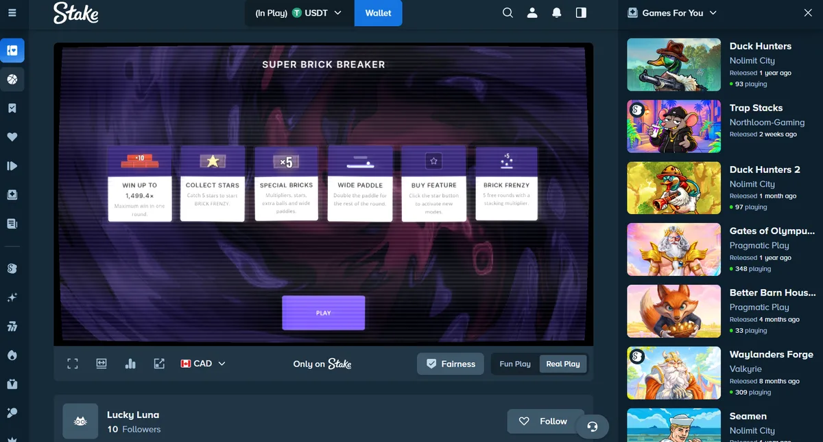 Stake Original game Super Brick Breaker ('Only on Stake') with win up to 1,499.4x