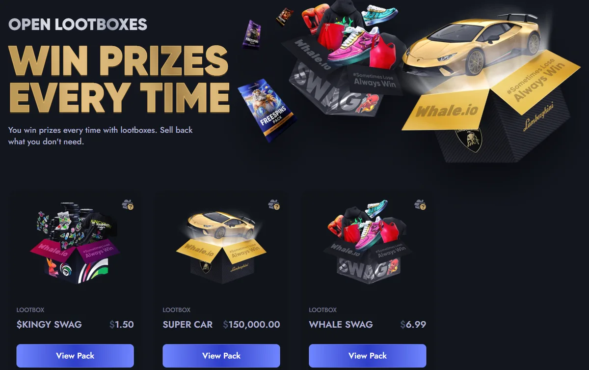 Whale.io lootboxes page: $KINGY Swag $1.50, Super Car $150,000.00, Whale Swag $6.99