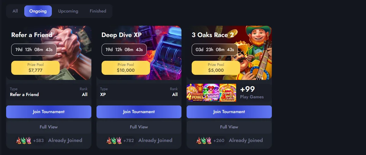 Whale.io ongoing tournaments: Refer a Friend $7,777, Deep Dive XP $10,000, 3 Oaks Race 2 $5,000