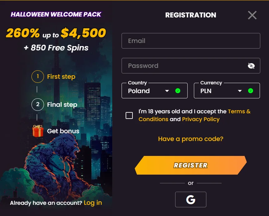 Wild Tokyo registration form with Halloween Welcome Pack 260% up to $4,500 + 850 free spins