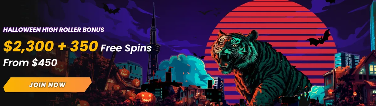 Wild Tokyo Halloween High Roller Bonus banner: $2,300 + 350 free spins from $450